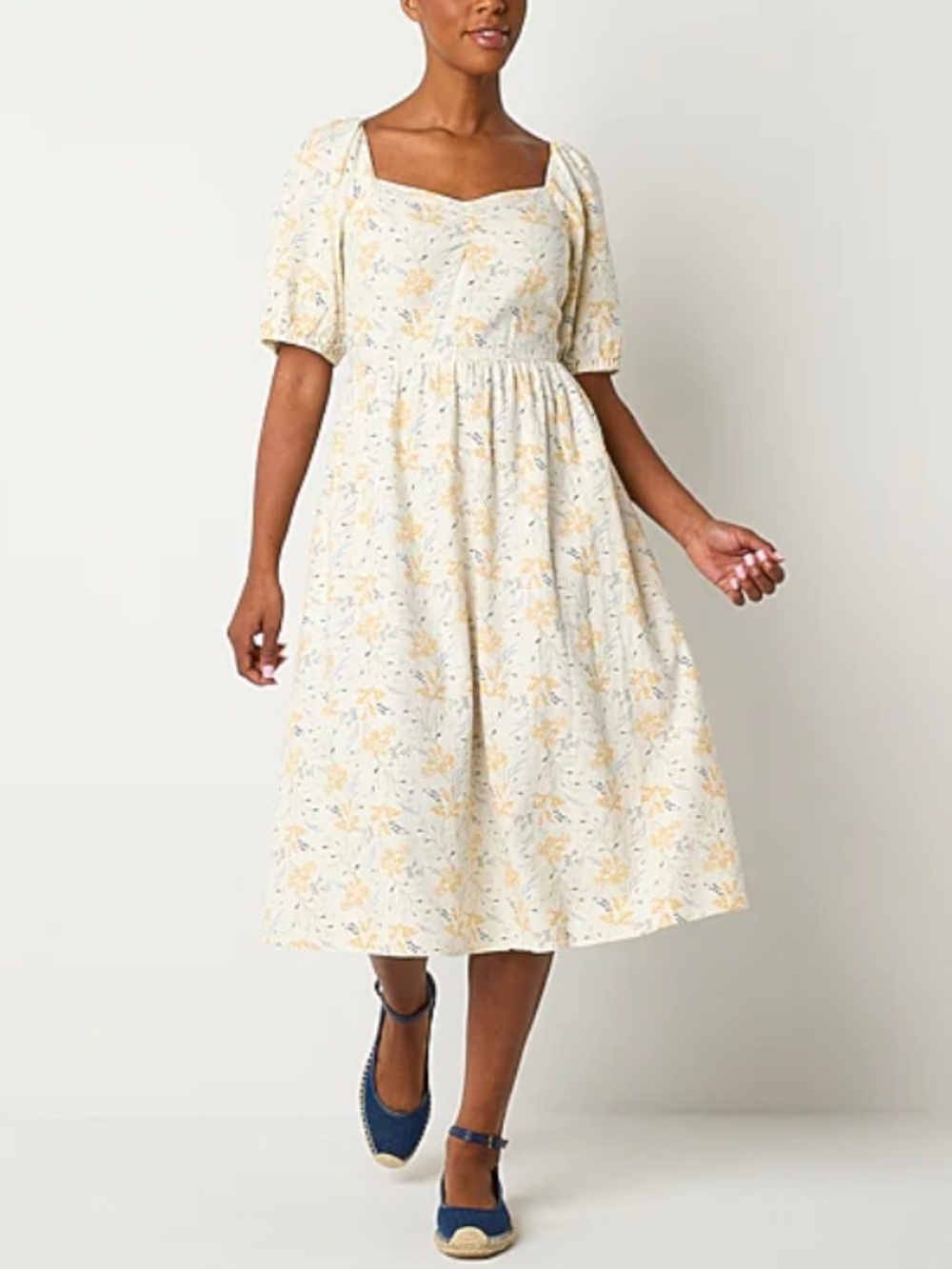 Cream Floral Midi Dress with Puff Sleeves